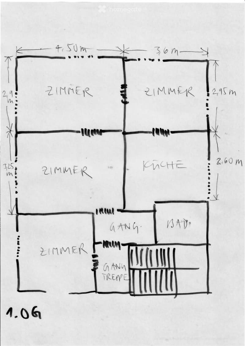 Floor plan showing four bedrooms, a kitchen, a bathroom, and a staircase. Dimensions are labeled in meters.