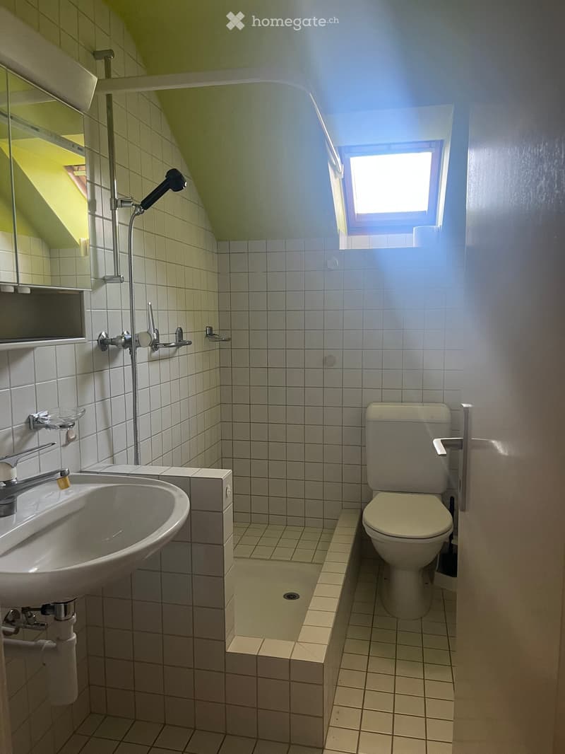Small bathroom with a toilet, sink, mirror, and showerhead. The walls and floor are tiled, and there is a small window letting in natural light.