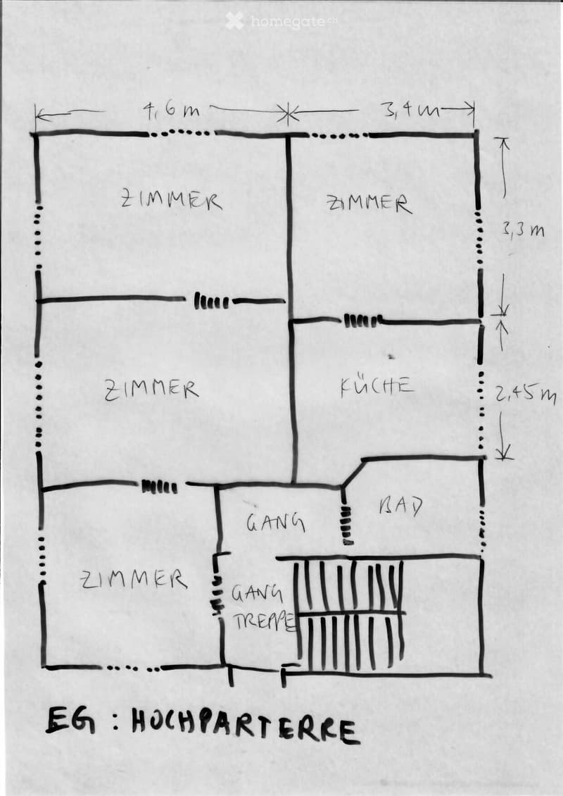 Floor plan of a high-rise apartment with four bedrooms, a kitchen, a bathroom, and a staircase.