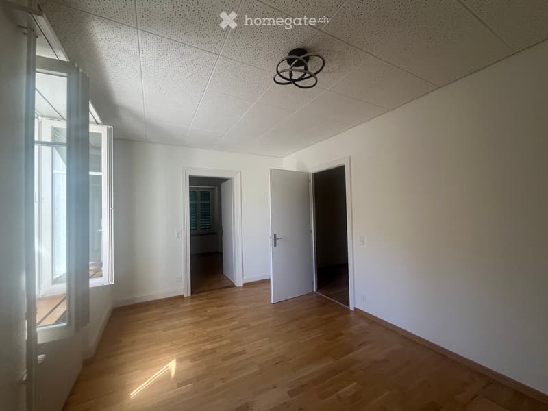 Empty room with wooden flooring, white walls, and a modern ceiling light fixture. Three doors lead to other spaces, and a window allows natural light to enter.