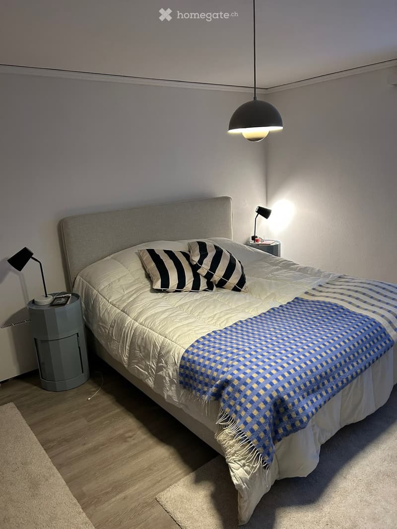 Modern bedroom with a large bed, white bedding, blue and yellow checkered blanket, two nightstands with lamps, and a hanging pendant light.