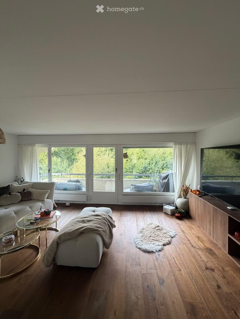 Modern living room with wooden flooring, large windows, and a balcony. Features a sofa, coffee table, ottoman, and television.