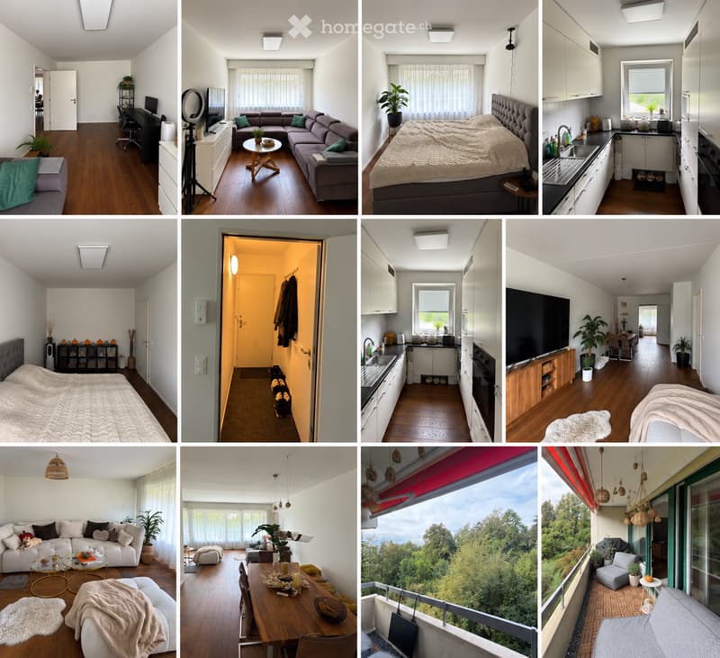 A collage of interior spaces showcasing a living room, bedroom, kitchen, and balcony. The living room features a sofa, coffee table, and plants. The bedroom has a bed and nightstand. The kitchen includes cabinets, a sink, and an oven. The balcony offers a