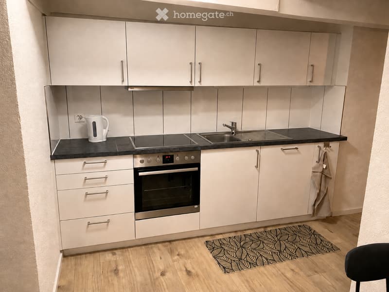 Modern kitchen with white cabinets, black countertops, an electric kettle, and a small sink area.