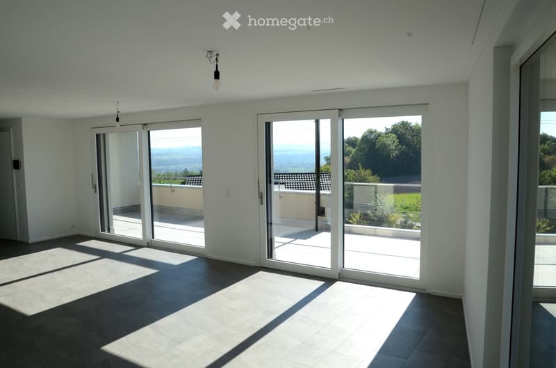 Bright, empty room with large sliding glass doors leading to a balcony, wooden floor, white walls, and modern lighting fixtures.