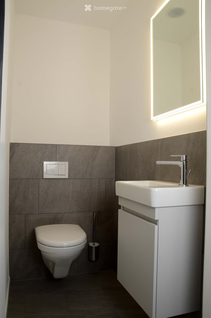 Modern bathroom with a white toilet, white sink with chrome faucet, mirrored cabinet with LED lighting, and dark grey tiled walls.