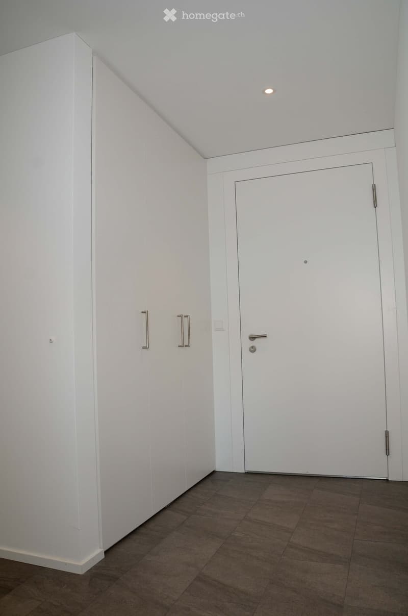 Empty room with white walls, dark tiled floor, and a closed white door with silver handle.