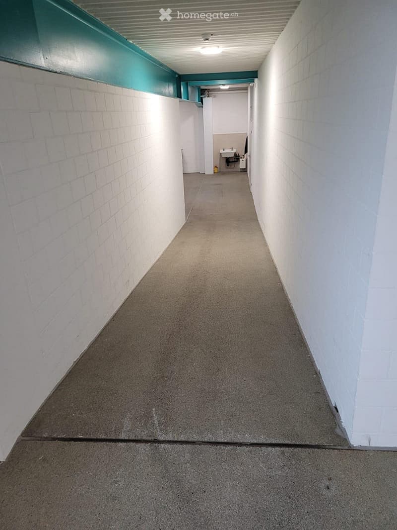 Corridor / Hallway. A clean, narrow hallway with white tiled walls, a grey carpeted floor, and a teal accent strip along the upper wall. The hallway leads to a small room with a sink visible at the end.