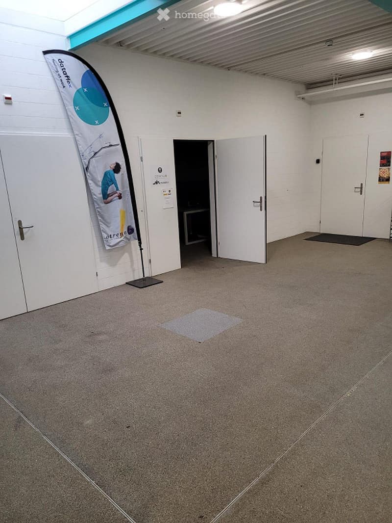 Unfurnished Room. Empty room with white walls, carpeted floor, and several doors. A banner is displayed on a stand near one wall.