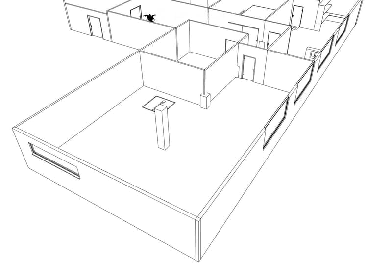 3D floor plan of a multi-level building with multiple rooms, doors, and structural elements.