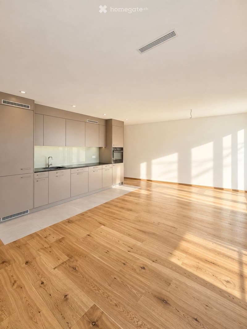 Modern kitchen with light wood flooring, grey cabinets, and a sleek sink area.