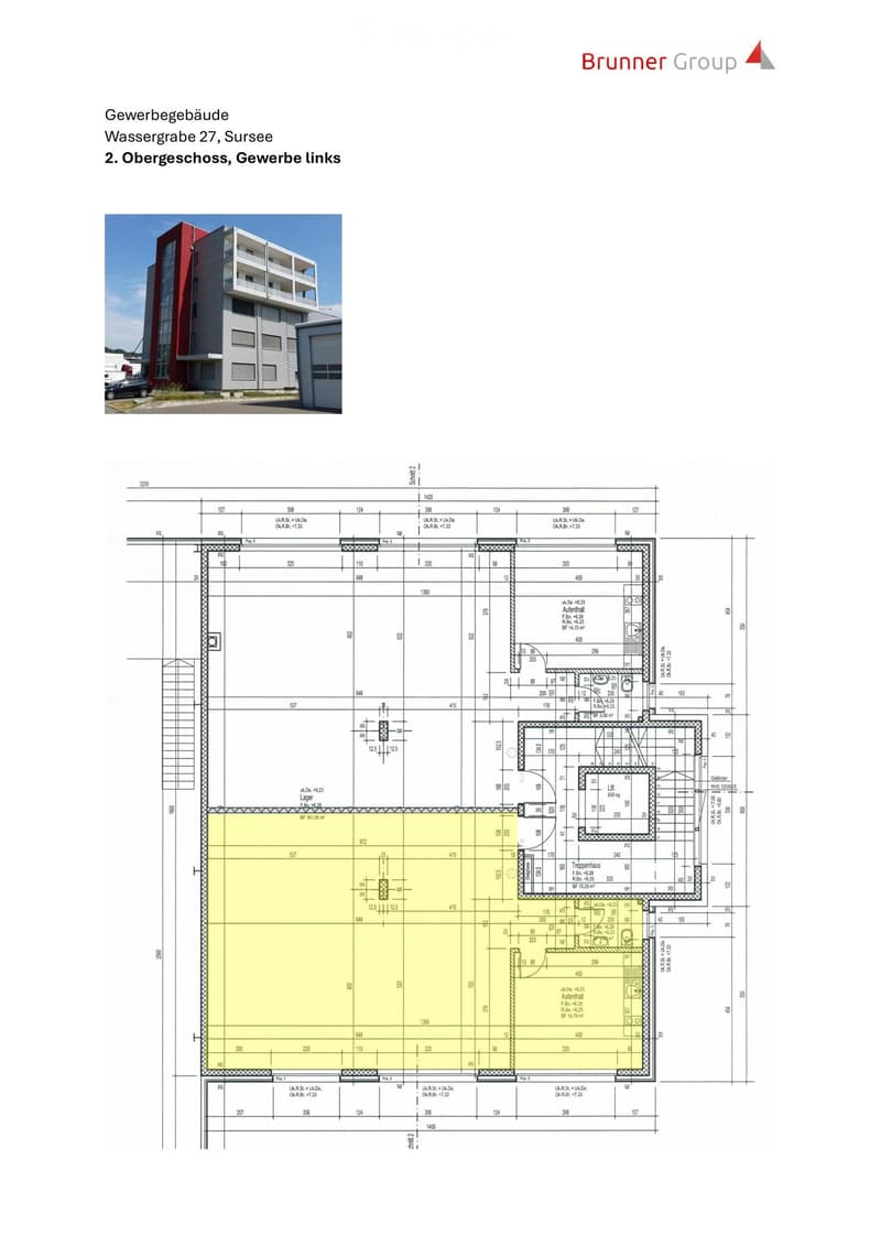 Floor plan of the second upper floor of a commercial building, showing multiple rooms, corridors, and labeled areas including storage, offices, and staircases.