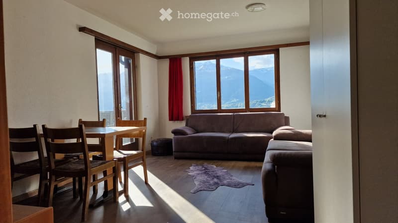 Bright living room with large windows offering a mountain view, featuring a sofa, ottoman, dining table, chairs, and a fur rug.