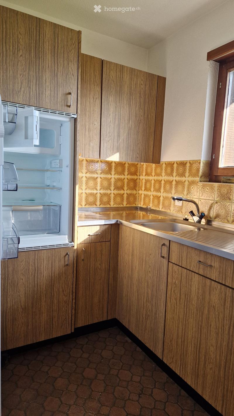 Kitchen with wooden cabinets, a stainless steel sink, and a refrigerator. The backsplash features a patterned tile design.