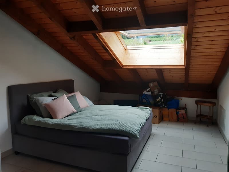 Cozy attic bedroom with a large bed, pillows, and a skylight window offering a view of the outdoors.
