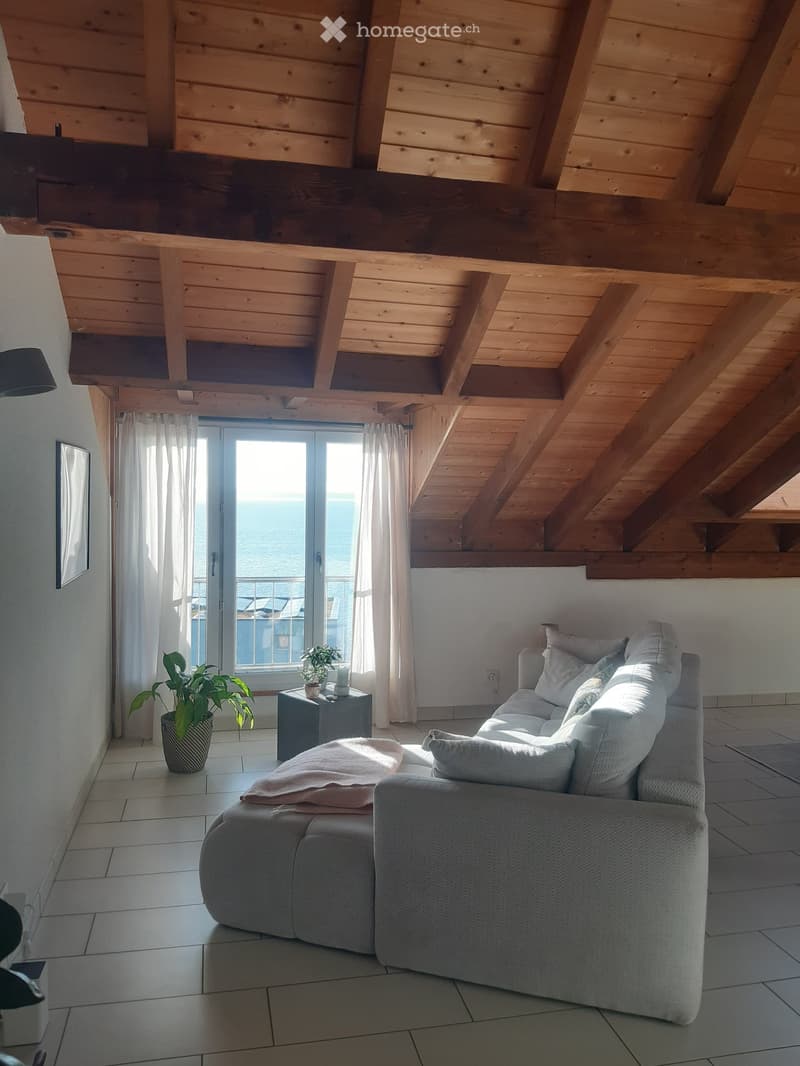 Living room with a grey sectional sofa, a small table with a plant, a mirror on the wall, and a view of the sea through large windows.