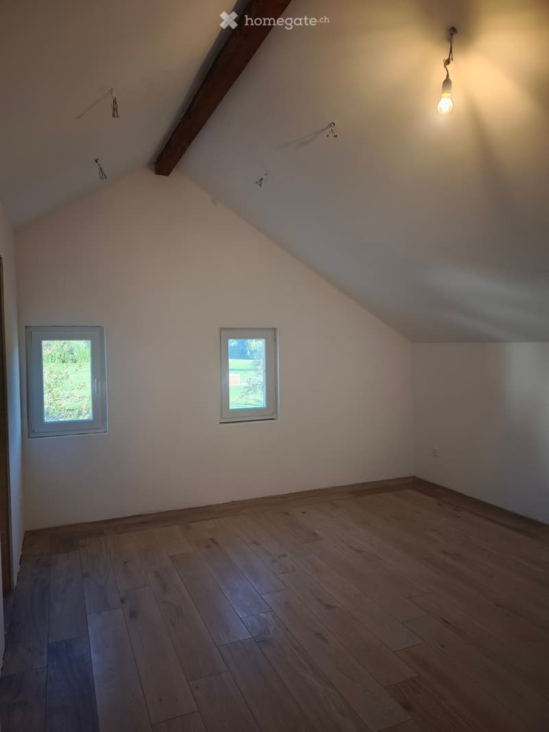 Empty attic room with wooden flooring, slanted ceiling, two windows, and a single hanging light fixture.