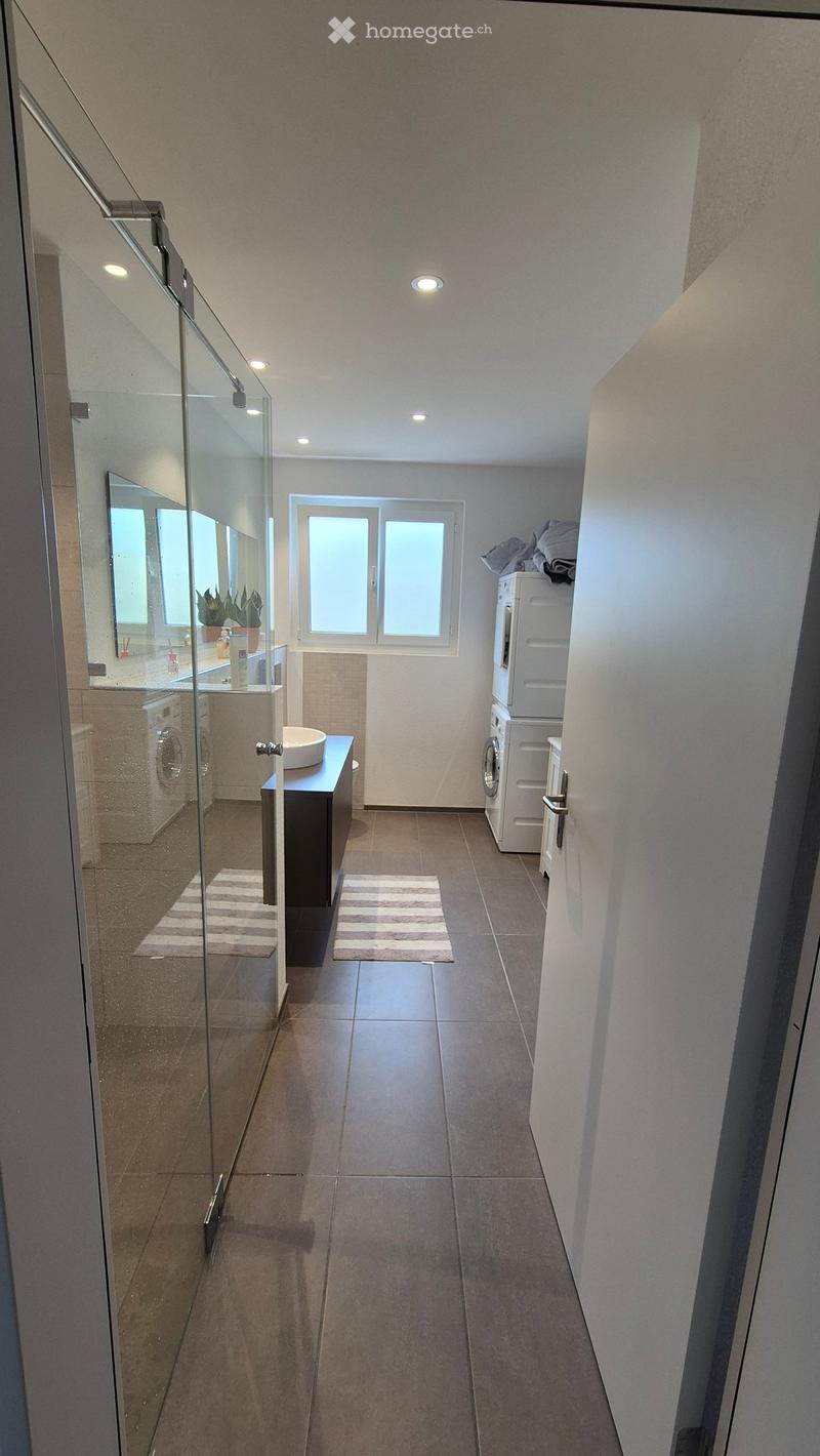 Hallway with tiled floor, glass shower enclosure, small sink area, washing machine, and two rugs.