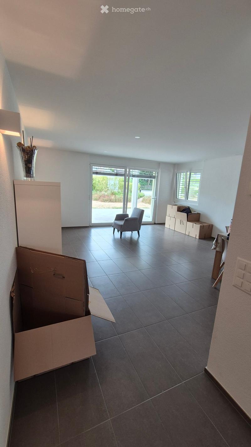 Bright, open room with tiled floor, large sliding glass door leading outside, a single armchair, a small table with a vase, and several cardboard boxes stacked against the wall.