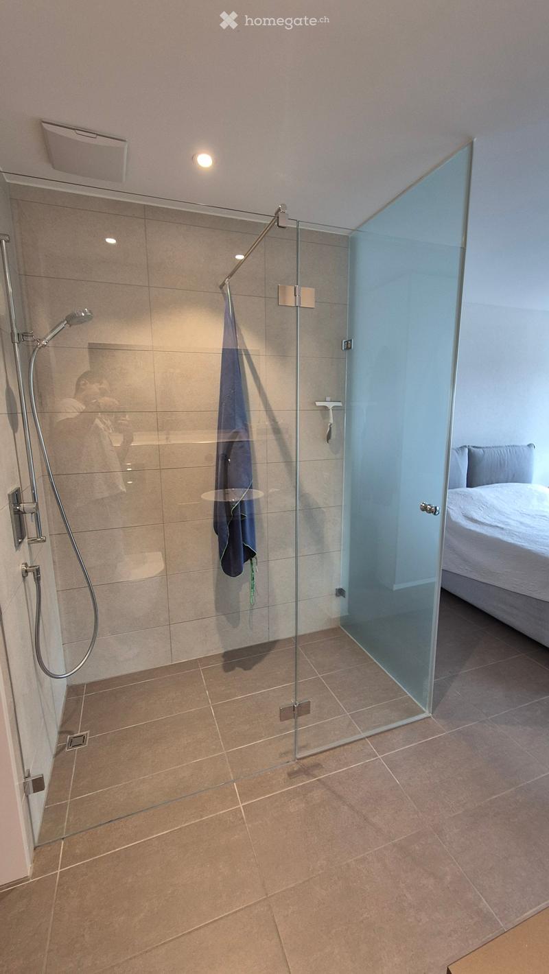 Modern bathroom with a glass-enclosed shower, tiled walls and floor, and a towel hanging inside the shower area.