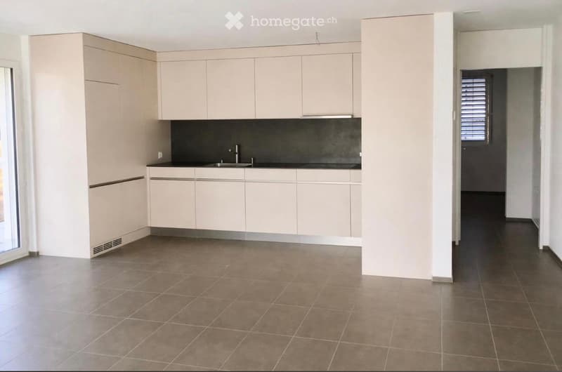 Modern kitchen with light-colored cabinets, dark countertops, and a stainless steel sink.