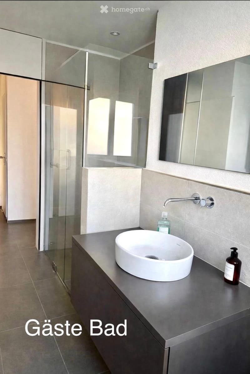 Modern bathroom with a sleek sink, faucet, mirror, and a glass-enclosed shower area.