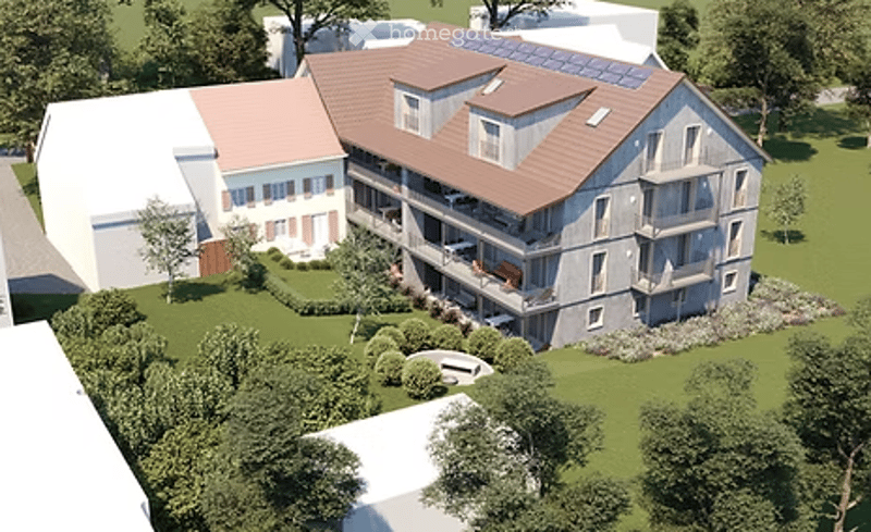 3D rendering of a modern multi-story residential building with a combination of grey and white exterior walls, brown tiled roof, and multiple balconies. The building is surrounded by green landscaping and trees.
