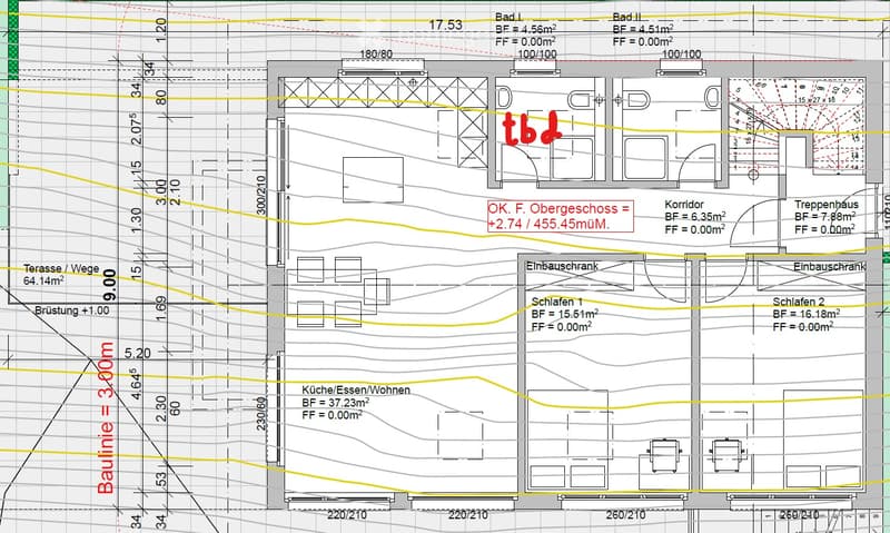 Floor plan of a residential unit showing a kitchen/dining/living area, two bedrooms, two bathrooms, a hallway, and a staircase. Includes measurements and room labels.