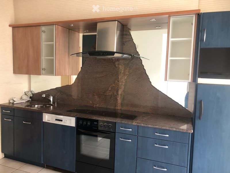Modern kitchen with dark blue cabinets, stainless steel appliances, and a textured backsplash. Features include a sink, faucet, oven, dishwasher, refrigerator, and range hood.