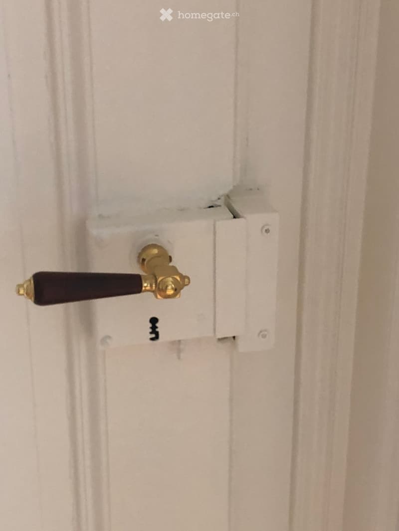 Close-up of a white door with a brass handle and lock mechanism, featuring a dark wooden handle and a small keyhole.