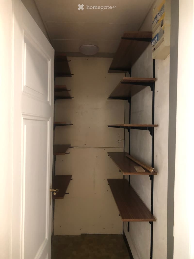 Empty closet with wooden shelves and a white door.