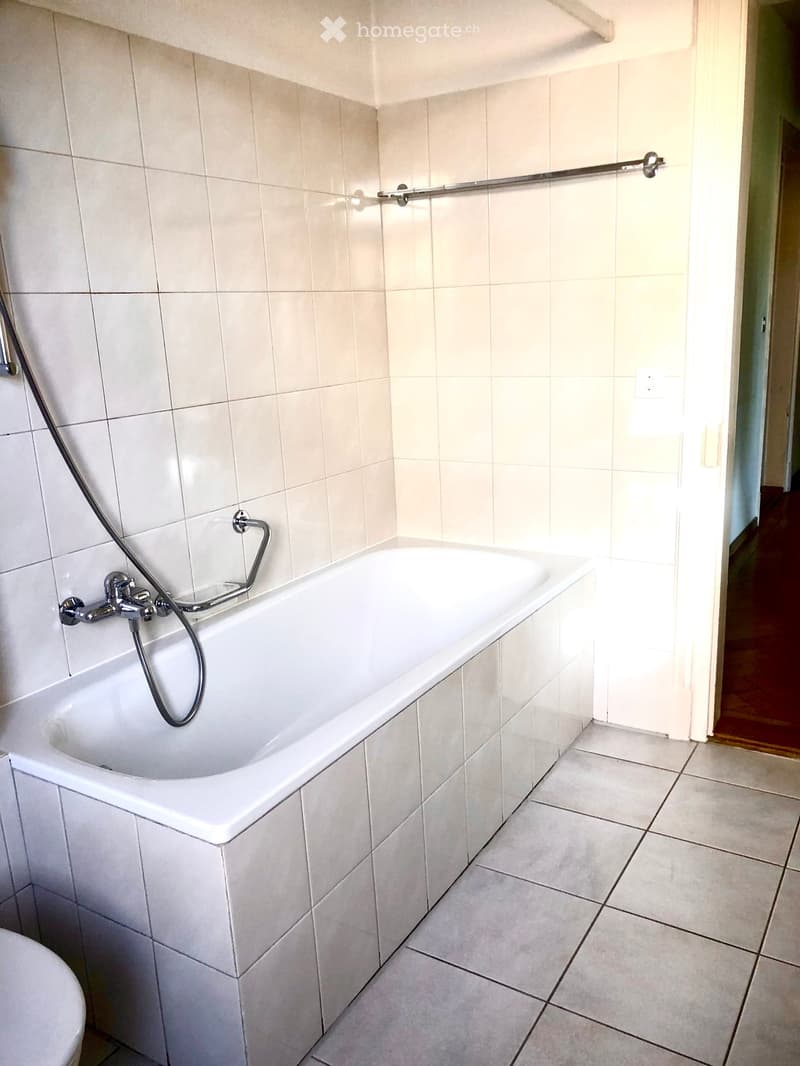 Bathroom with a white bathtub, tiled walls and floor, a shower hose, and a handrail above the tub.