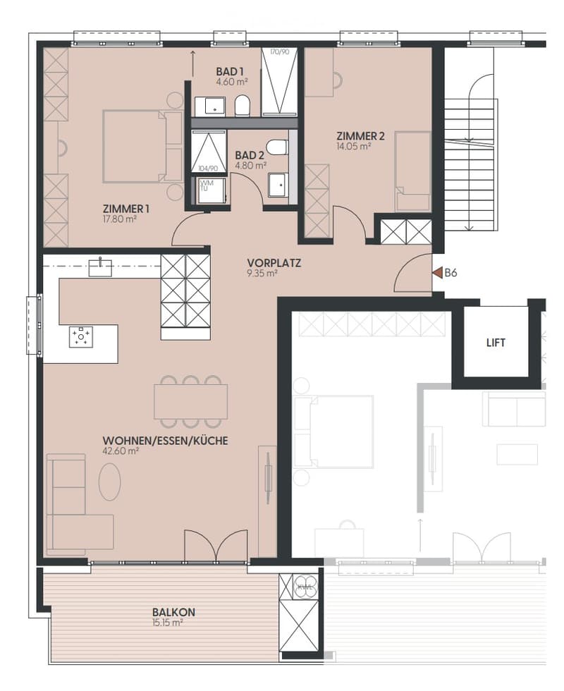 Living/dining/kitchen area, 3 bedrooms, 2 bathrooms, balcony