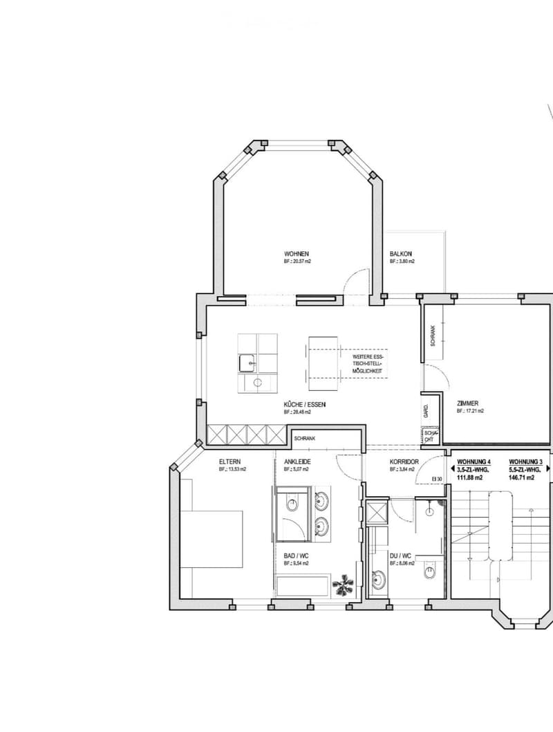 Floor plan of a multi-unit residential building with four apartments, including living spaces, kitchens, bathrooms, and a shared balcony.