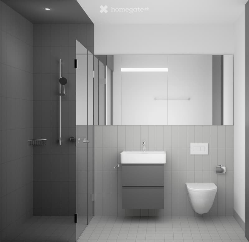 Modern bathroom with grey tiles, white sink, toilet, mirror, and glass shower enclosure.