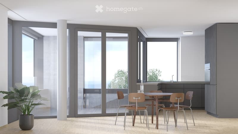 Modern dining area with a wooden table, four chairs, a bottle on the table, and a large potted plant near the window.
