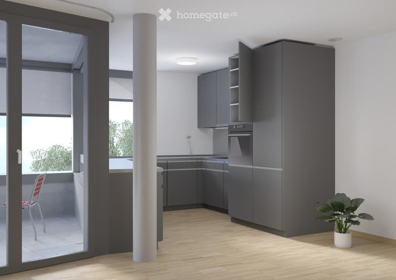 Modern kitchen with grey cabinets, wooden flooring, and a large window with blinds. Features a built-in oven, a red chair, and a potted plant on the floor.