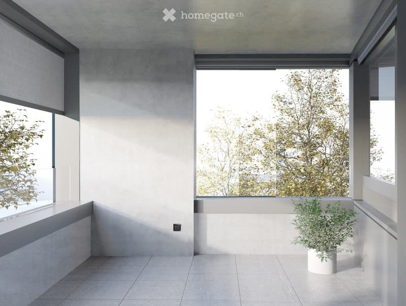 Minimalist unfurnished room with large windows, white walls, and a single potted plant. The space is clean and open, with a view of trees outside.