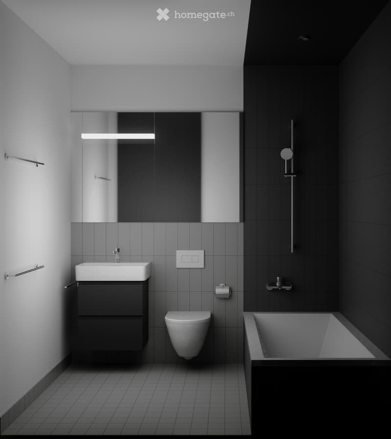 Modern bathroom with a white sink, toilet, bathtub, and dark tiled walls. Features a sleek mirror, modern faucet, and built-in storage cabinet.