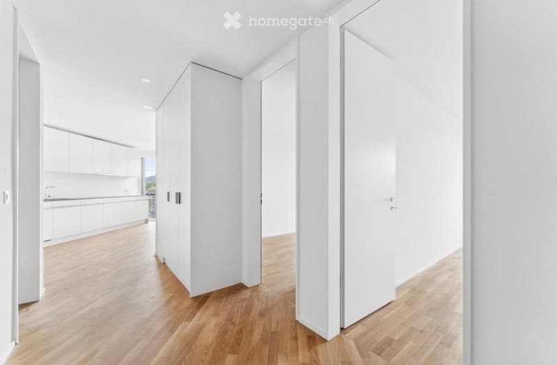 Bright, minimalist hallway with light wooden flooring and white walls. Features built-in white cabinetry on one side and an open doorway leading to a kitchen area with white cabinets and countertops.