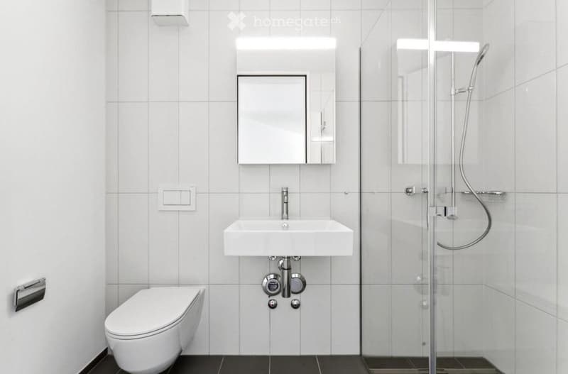 Modern bathroom with white tiles, a toilet, a sink with a mirror, and a glass-enclosed shower area.