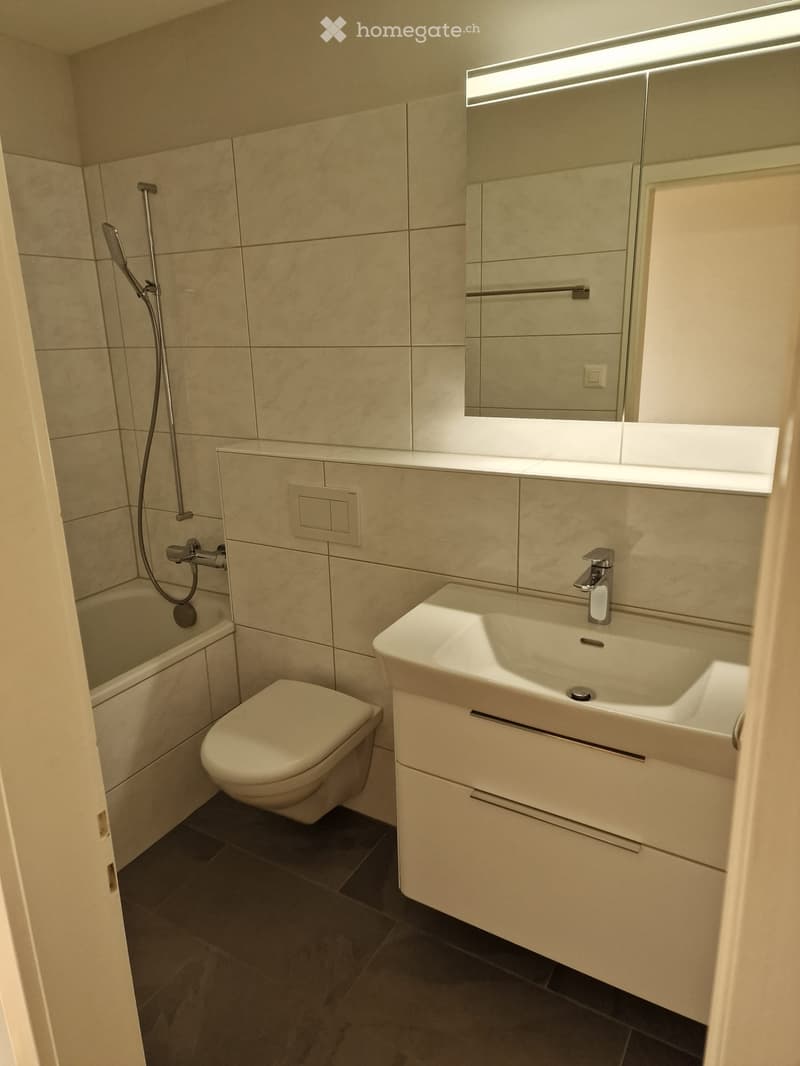 Modern bathroom with beige tiles, a white sink with a modern faucet, a toilet, a bathtub with a handheld shower, and a large mirror with built-in storage.