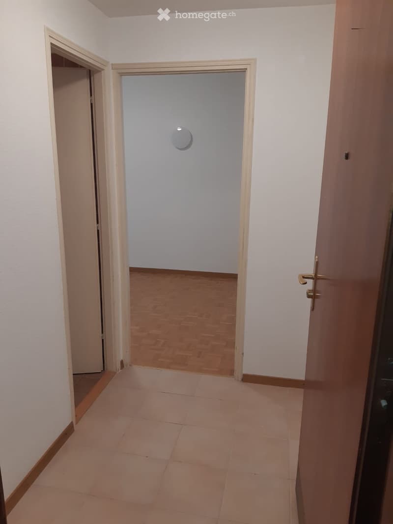 Empty hallway with tiled floor and wooden flooring in the adjacent room, featuring white walls and a closed door at the end.
