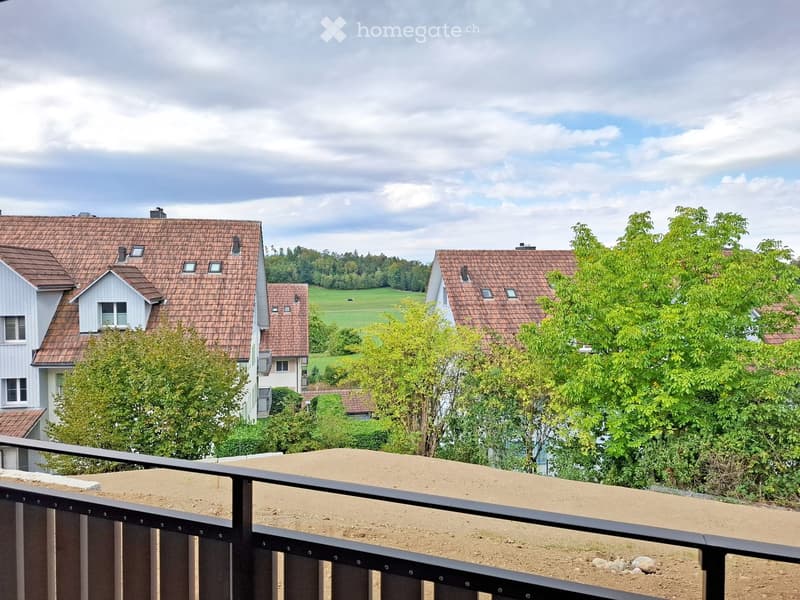 Balcony overlooking a suburban neighborhood with houses, trees, and a green field under a partly cloudy sky.