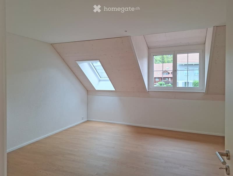 Empty attic room with wooden flooring, white walls, and two windows, one of which is a skylight.