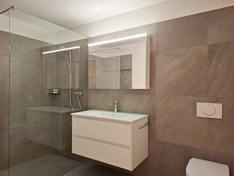 Modern bathroom with a white sink, mirror with built-in lighting, glass shower enclosure, and a toilet.