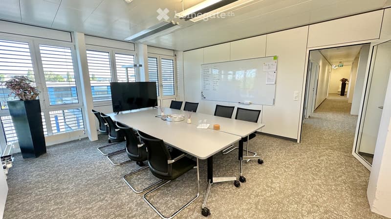 Modern conference room with a long white table, black chairs, a large screen, whiteboard, and a potted plant near the window.