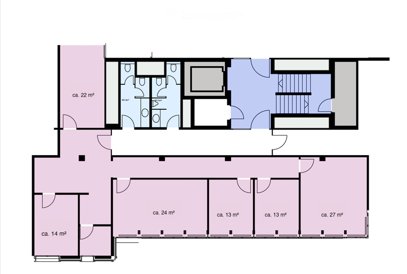 Floor plan of a multi-room layout including a living area, bedrooms, bathrooms, and a staircase leading to an upper level.