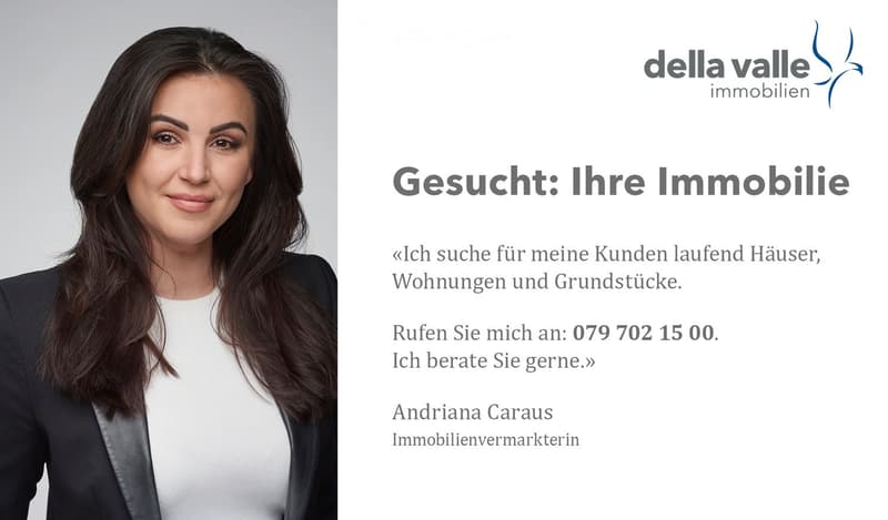 Professional advertisement featuring a real estate agent, Andriana Caraus, with contact information and a logo for 'della valle immobilien'.