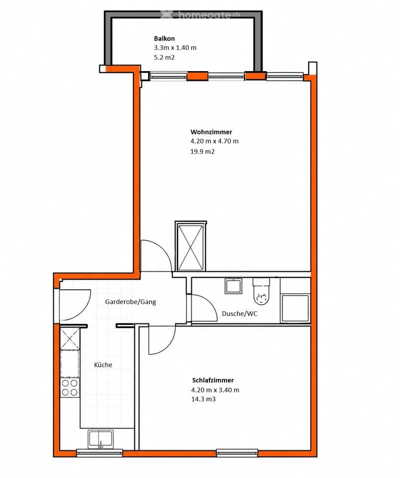 Floor plan showing a living room, kitchen, bedroom, hallway, and bathroom with a balcony.